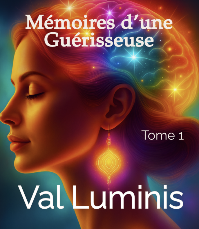 1ère de couverture du livre Mémoires d'une Guérisseuse, représente le visage féminin doux, vu de profil et souriant légèrement. Ses cheveux peignés en chignon bas arborent en transparence son cerveau coloré et décoré d'étincelles multicolores.